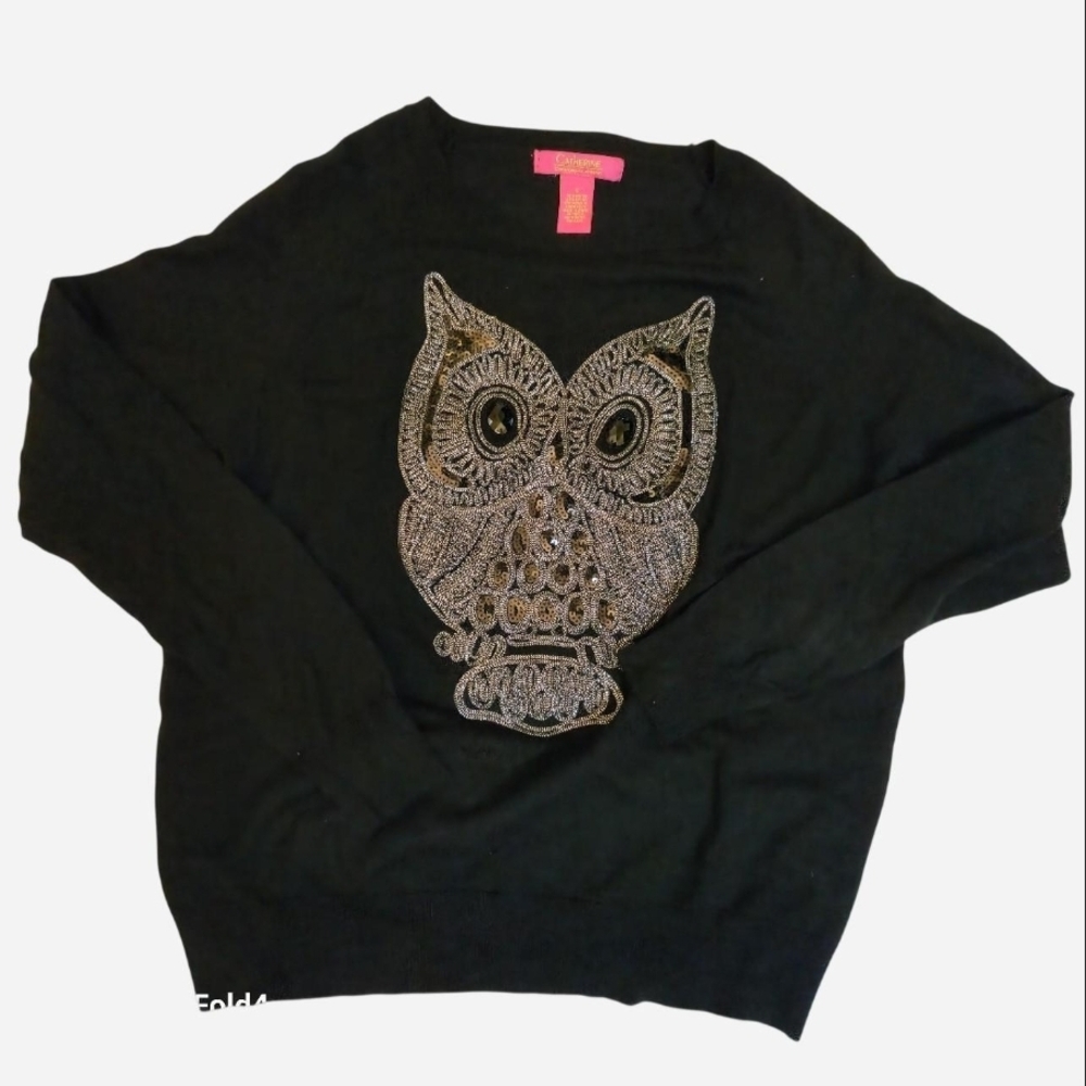 Catherine Malandrino‎ Black Crewneck Sweater with Metallic Beaded Owl